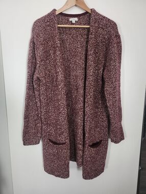 L. L. BEAN Signature Ragg Wool Open Front Cardigan Sweater Large Marled Burgundy